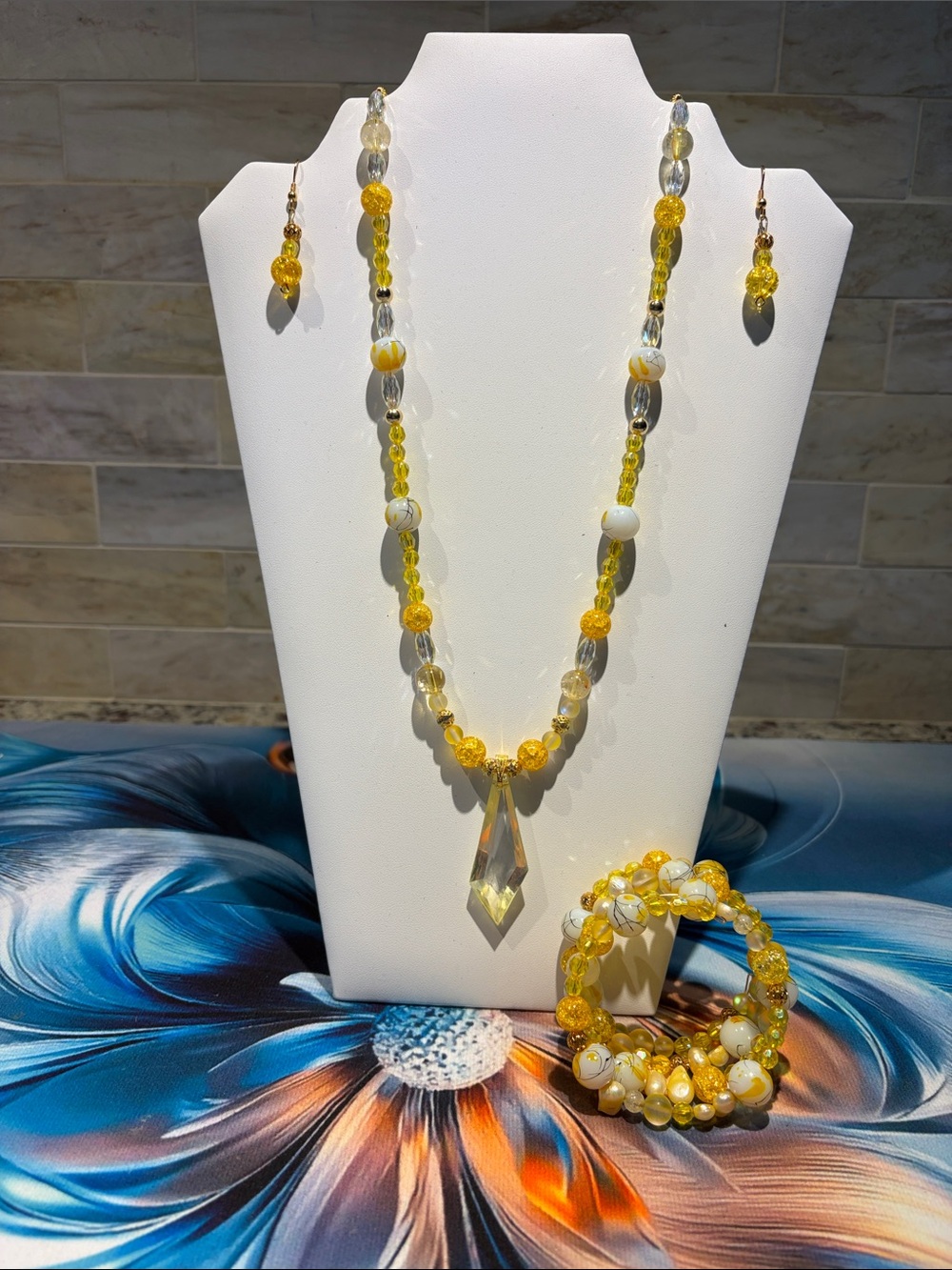 Handcrafted Yellow Bead Necklace Set with Earrings and Bracelet